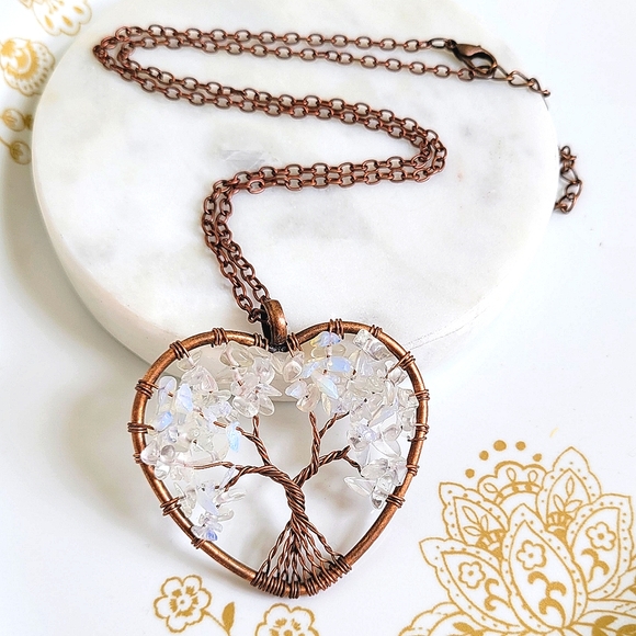 Jewelry - Opal Stone Crystal Tree of Life Heart Pendant Handmade Art NWT